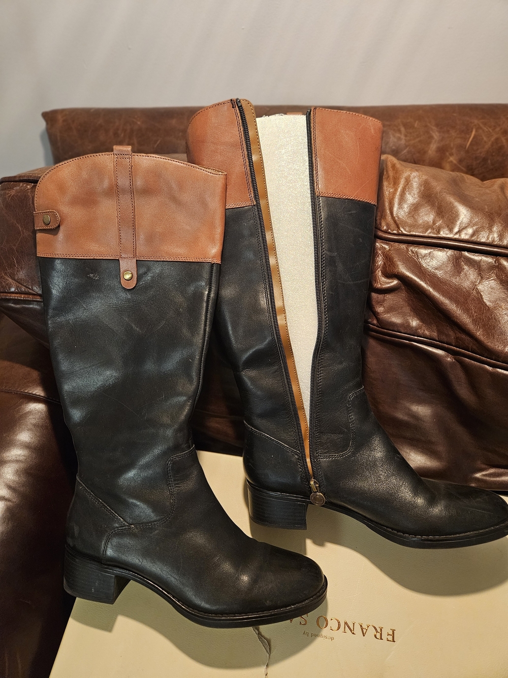 Franco Sarto Black and Acorn Two-Tone Boot calf-high